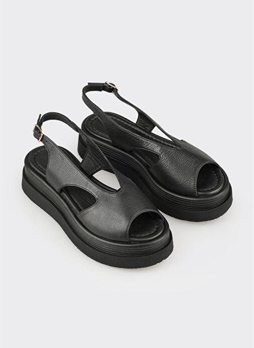 Siyah Deri Kadın Topuklu Sandalet - Görsel 3