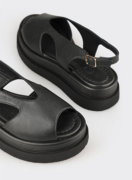 Siyah Deri Kadın Topuklu Sandalet - Görsel 6