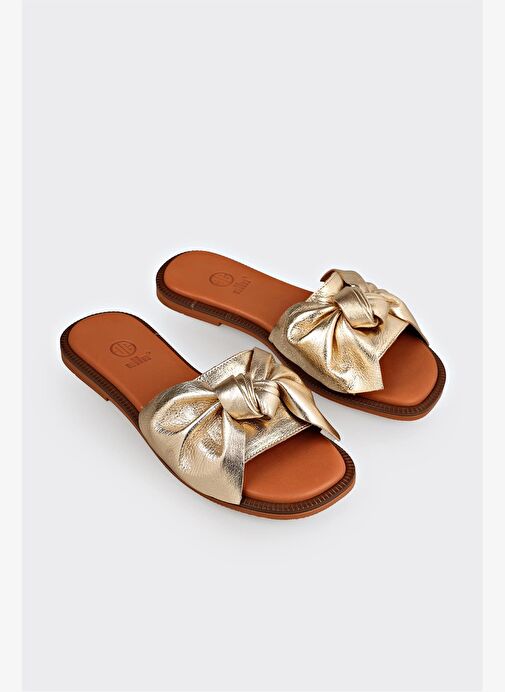 Gold Deri Kadın Düz Terlik - Görsel 3