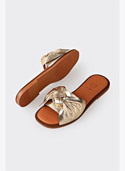 Gold Deri Kadın Düz Terlik - Görsel 4
