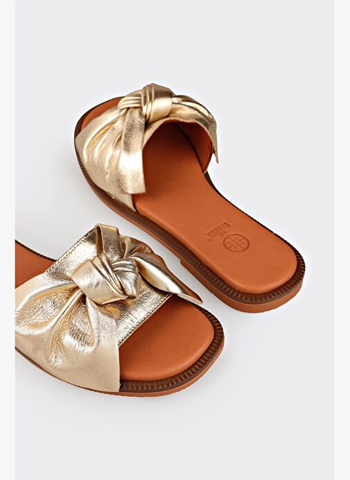 Gold Deri Kadın Düz Terlik - Görsel 6