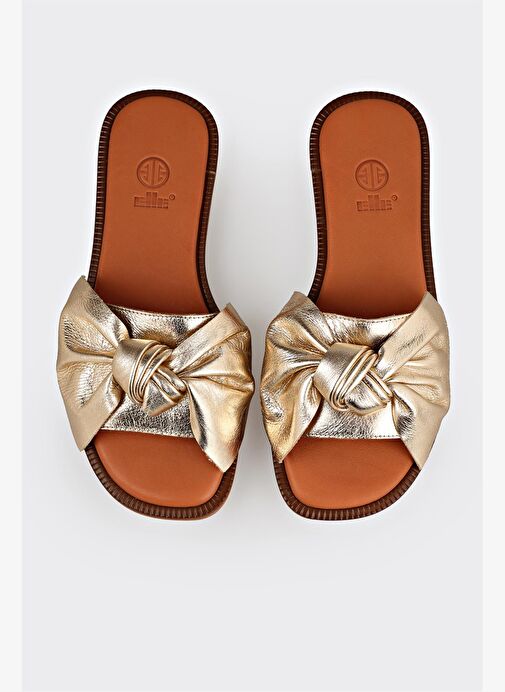 Gold Deri Kadın Düz Terlik - Görsel 5