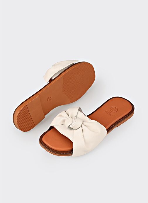 Ekru Deri Kadın Düz Terlik - Görsel 4