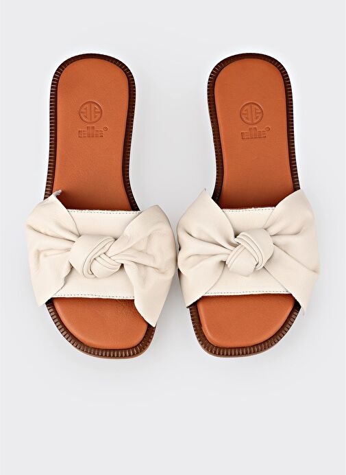 Ekru Deri Kadın Düz Terlik - Görsel 5