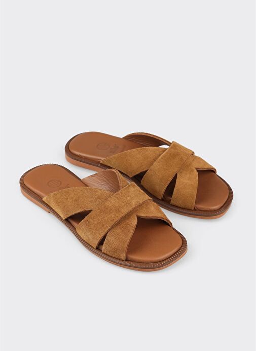 Camel Deri Kadın Düz Terlik - Görsel 3