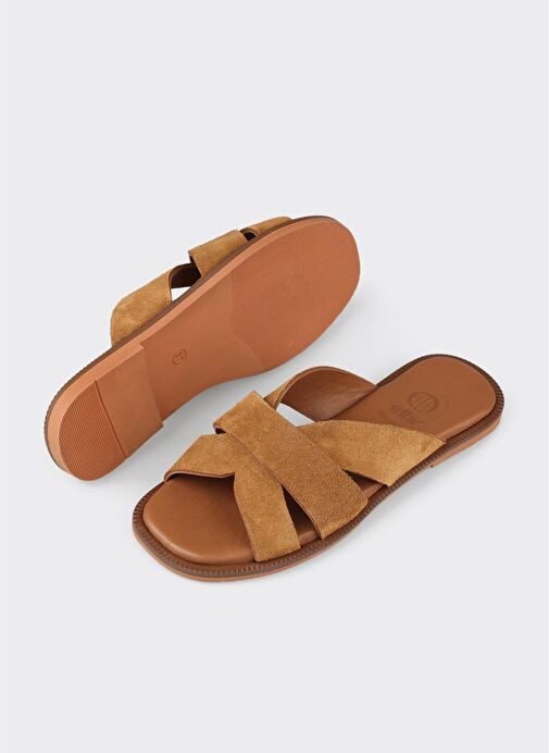 Camel Deri Kadın Düz Terlik - Görsel 4