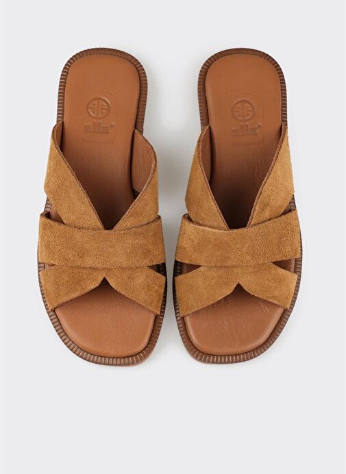 Camel Deri Kadın Düz Terlik - Görsel 5