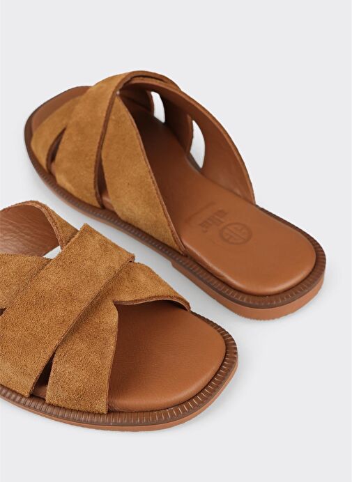 Camel Deri Kadın Düz Terlik - Görsel 6