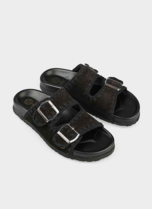 Siyah Deri Kadın Düz Terlik - Görsel 5