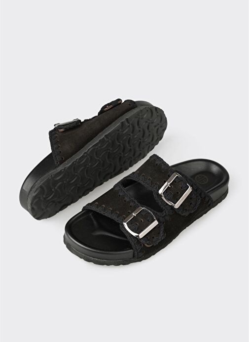 Siyah Deri Kadın Düz Terlik - Görsel 7