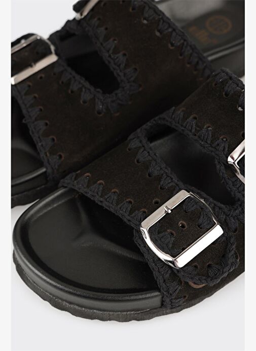 Siyah Deri Kadın Düz Terlik - Görsel 10