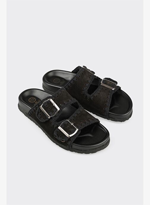 Siyah Deri Kadın Düz Terlik - Görsel 4