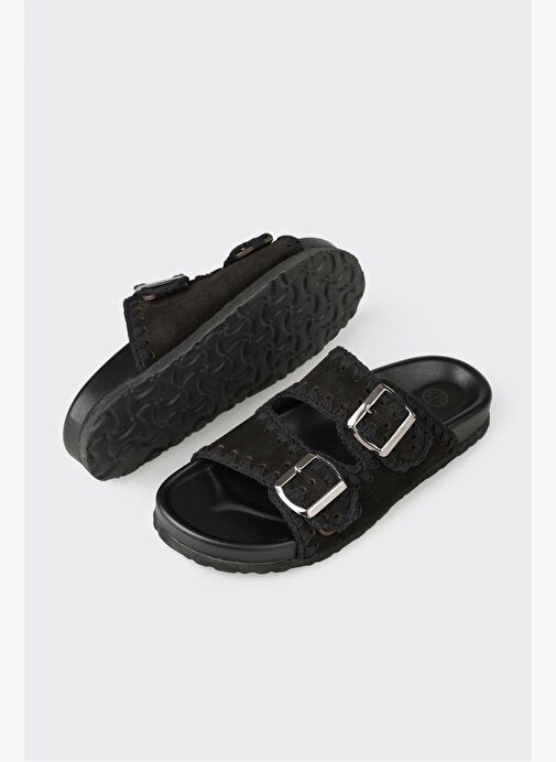 Siyah Deri Kadın Düz Terlik - Görsel 6