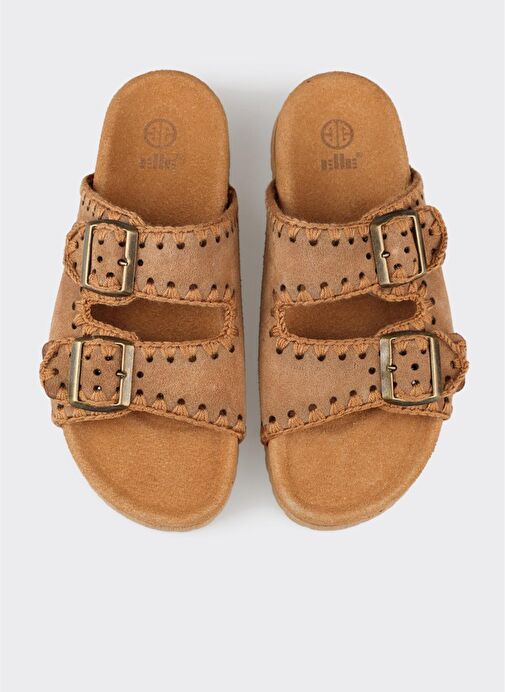 Taba Deri Kadın Düz Terlik - Görsel 5