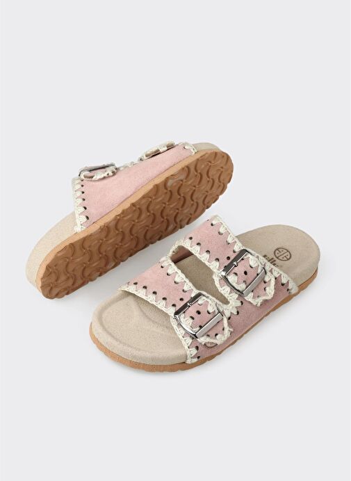 Pudra Deri Kadın Düz Terlik - Görsel 4