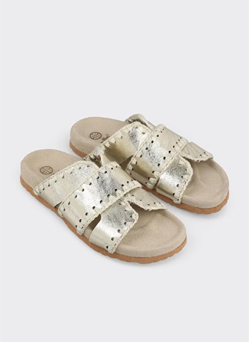 Gold Deri Kadın Düz Terlik - Görsel 3