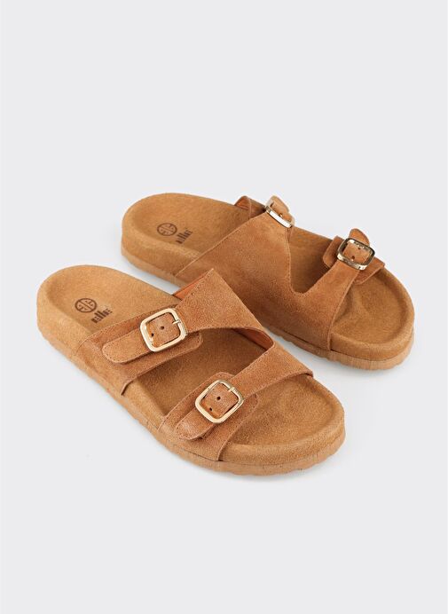 Taba Deri Kadın Düz Terlik - Görsel 3