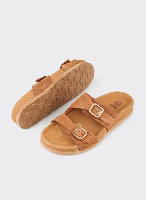 Taba Deri Kadın Düz Terlik - Görsel 4