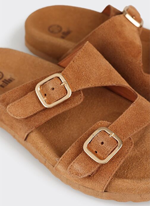 Taba Deri Kadın Düz Terlik - Görsel 6