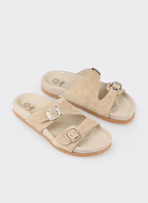 Bej Deri Kadın Düz Terlik - Görsel 5