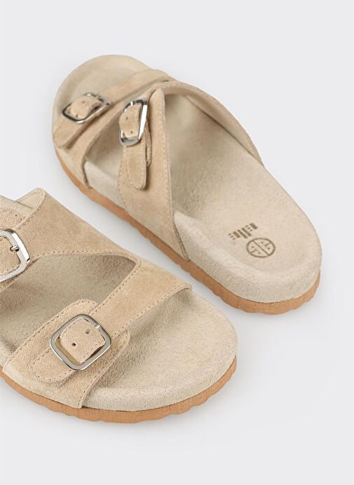 Bej Deri Kadın Düz Terlik - Görsel 8