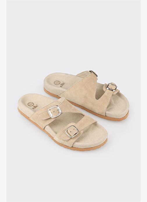 Bej Deri Kadın Düz Terlik - Görsel 4