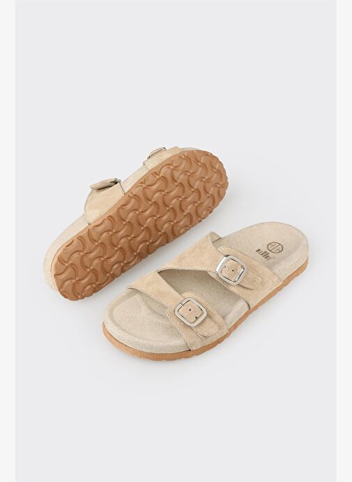 Bej Deri Kadın Düz Terlik - Görsel 7