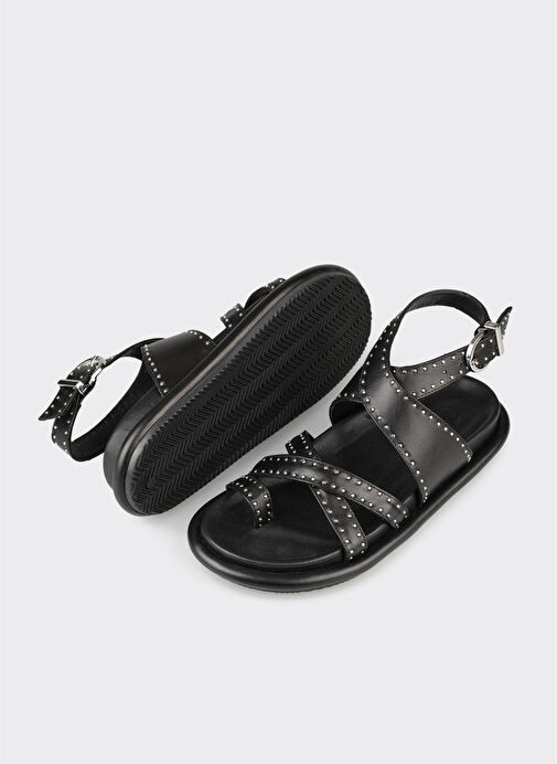 Siyah Deri Kadın Parmak Arası Sandalet - Görsel 4