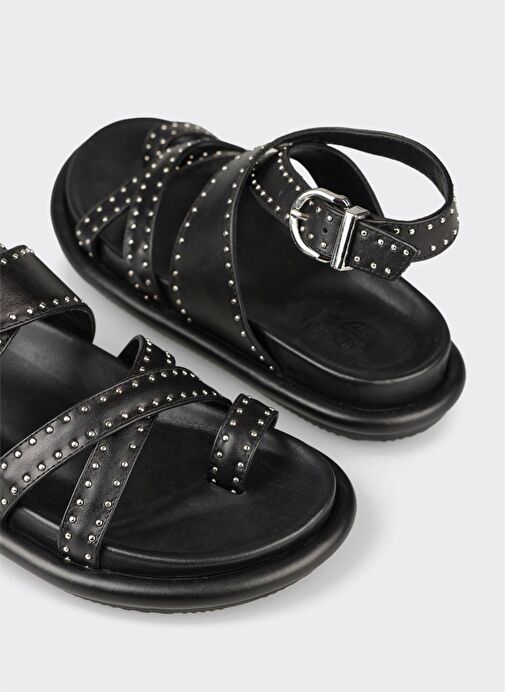 Siyah Deri Kadın Parmak Arası Sandalet - Görsel 6