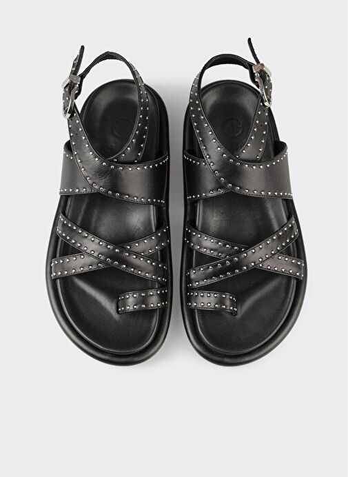 Siyah Deri Kadın Parmak Arası Sandalet - Görsel 5