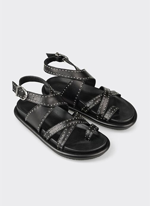 Siyah Deri Kadın Parmak Arası Sandalet - Görsel 3