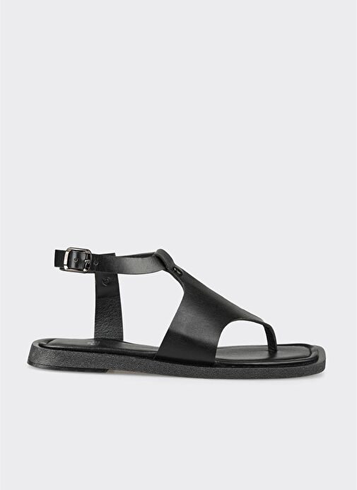 Siyah Deri Kadın Parmak Arası Sandalet - Görsel 2