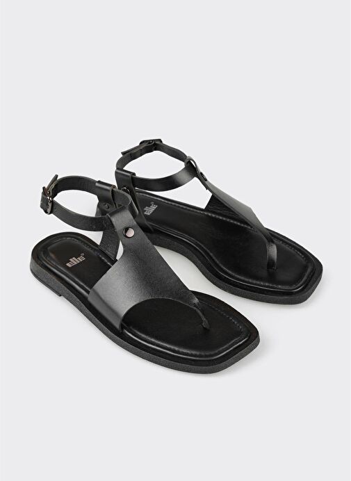 Siyah Deri Kadın Parmak Arası Sandalet - Görsel 3