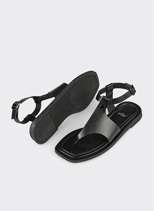 Siyah Deri Kadın Parmak Arası Sandalet - Görsel 4