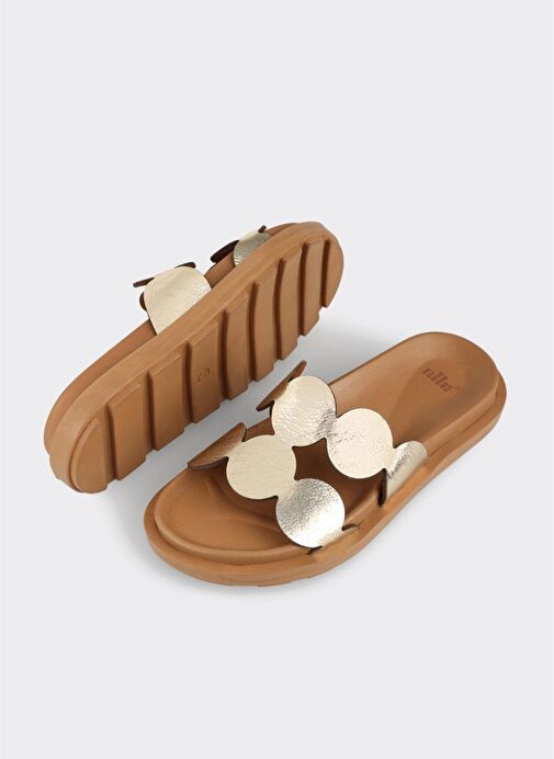 Gold Deri Kadın Düz Terlik - Görsel 4