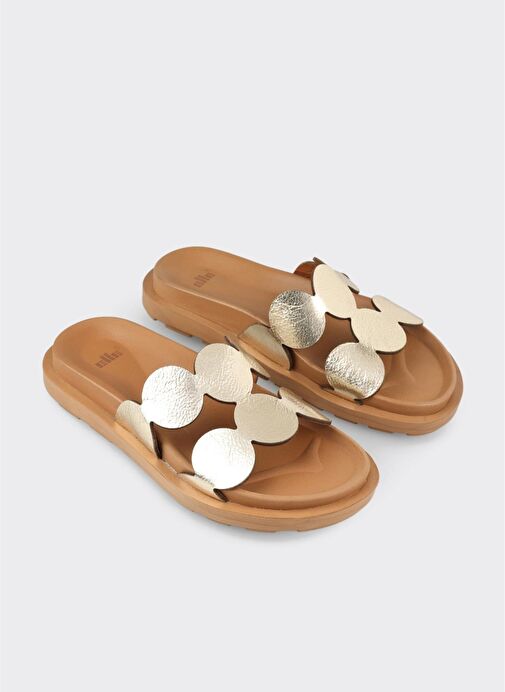 Gold Deri Kadın Düz Terlik - Görsel 3