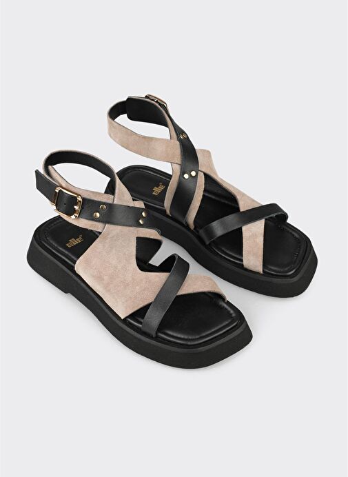 Siyah Deri Kadın Düz Sandalet - Görsel 3