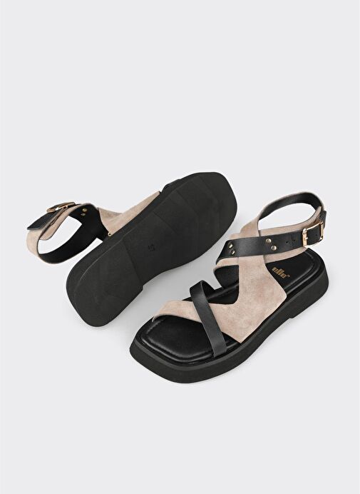 Siyah Deri Kadın Düz Sandalet - Görsel 4
