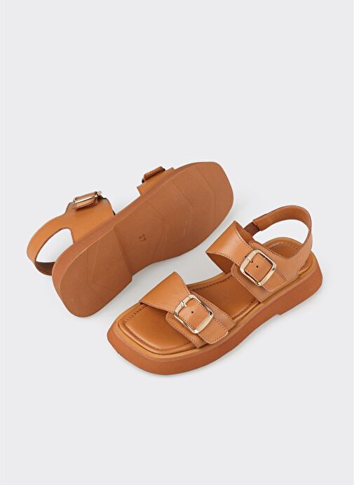 Taba Deri Kadın Düz Sandalet - Görsel 4