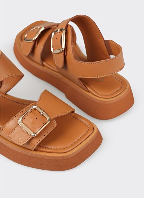 Taba Deri Kadın Düz Sandalet - Görsel 6