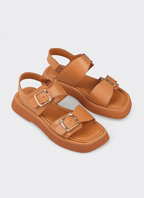 Taba Deri Kadın Düz Sandalet - Görsel 3