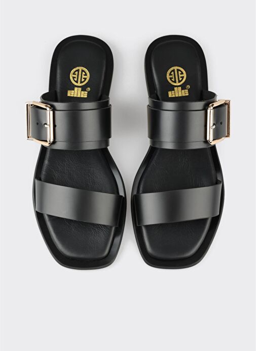 Siyah Deri Kadın Düz Terlik - Görsel 5