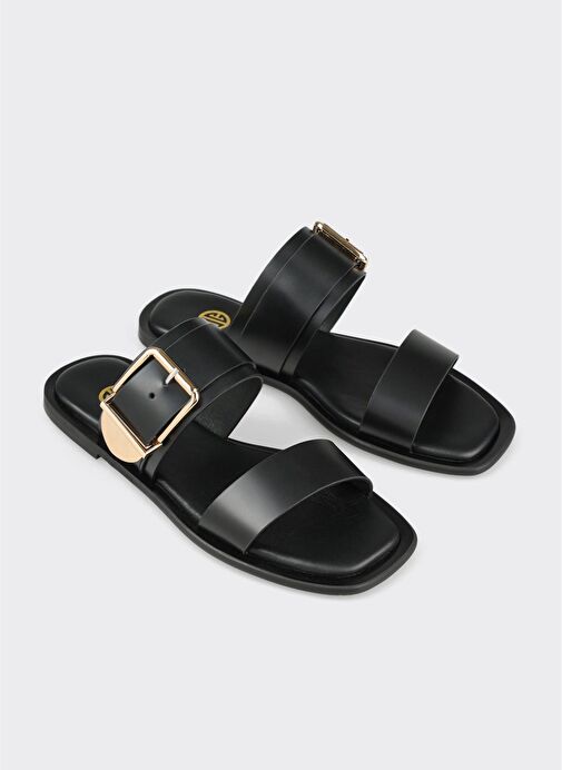 Siyah Deri Kadın Düz Terlik - Görsel 3