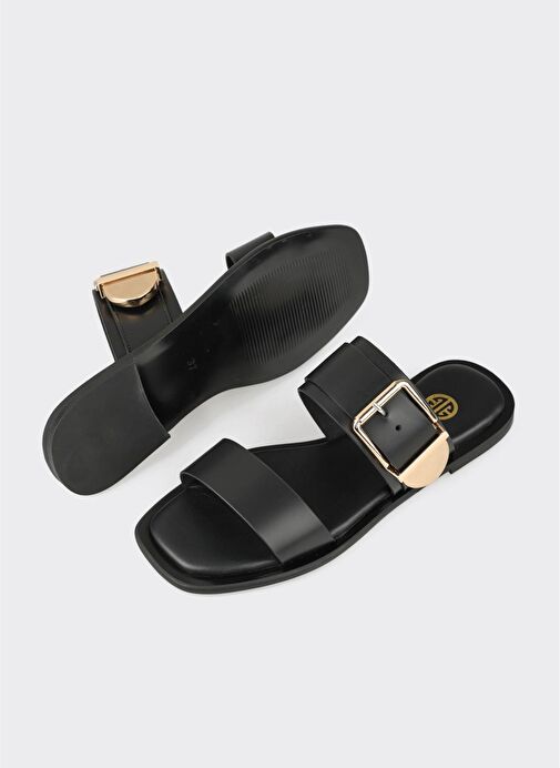 Siyah Deri Kadın Düz Terlik - Görsel 4