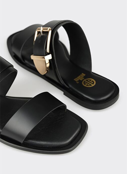 Siyah Deri Kadın Düz Terlik - Görsel 6