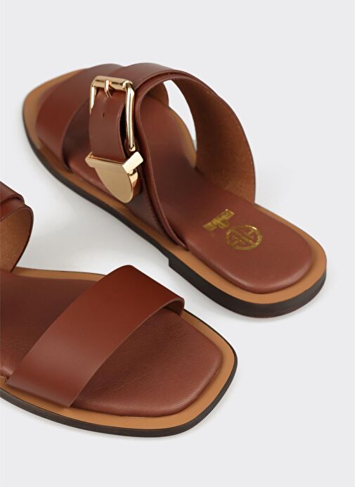 Kahve Deri Kadın Düz Terlik - Görsel 6