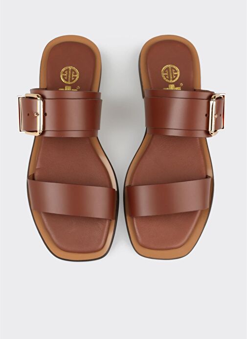 Kahve Deri Kadın Düz Terlik - Görsel 5