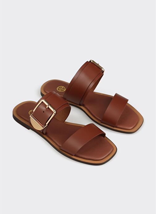 Kahve Deri Kadın Düz Terlik - Görsel 3