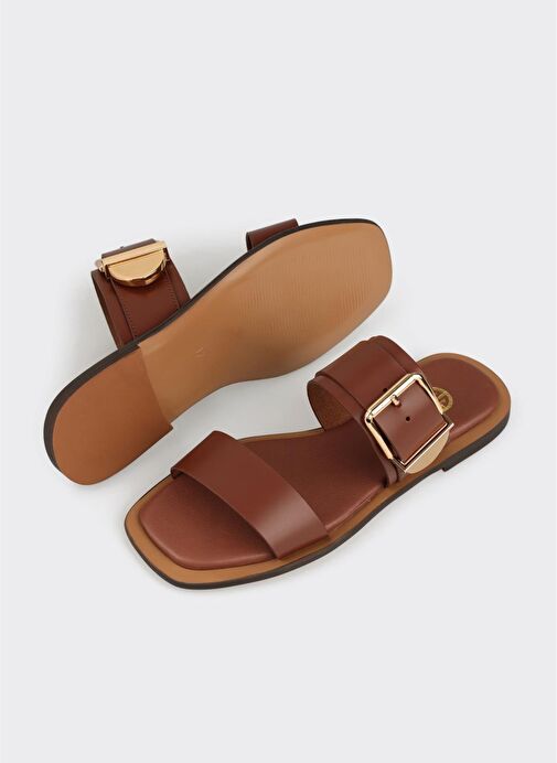 Kahve Deri Kadın Düz Terlik - Görsel 4