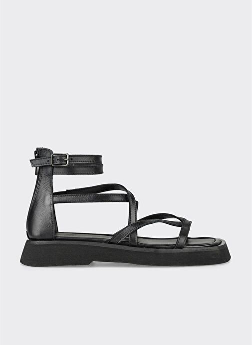 Siyah Deri Kadın Düz Sandalet - Görsel 2